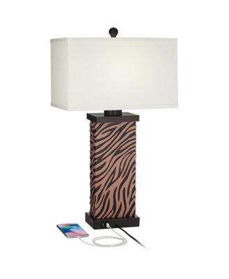 Modern Table Lamps Set of 2 with USB Charging Port 27" Tall Zebra Faux Wood Fabric Shade for Bedroom Bedside House