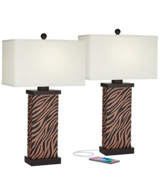Modern Table Lamps Set of 2 with USB Charging Port 27" Tall Zebra Faux Wood Fabric Shade for Bedroom Bedside House