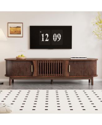 TV Stand for TVs up to 75", Fluted Entertainment Center, Media Console with Tambour Sliding Doors and Grill Flip-Down Door for Living Room