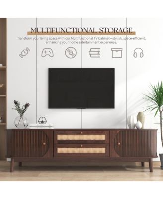 Rattan TV Stand for TVs up to 75'', Modern Farmhouse Media Console with Tambour Sliding Doors and Drawers, Media Console for Living Room