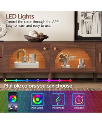 LED TV Stand for TVs up to 80'', Rattan Media Console Table, Entertainment Center with 3 Cabinets and 2 Drawers for Living Room