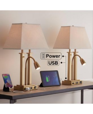 Deacon 26" High Traditional Desk Lamps Set of 2 USB Port AC Power Outlet Gooseneck Brass Finish Metal Charging
