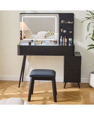 Modern Makeup Vanity Desk - 4 Drawer Dressing Table Set with Cushioned Stool, LED Lighted Mirror for Bedroom