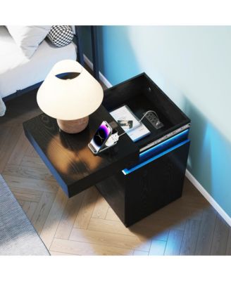 Nightstand with Built-In Charging Station and LED Lighting, Modern Wooden End Side Table with 3-Drawer and Sliding-Top for Bedroom