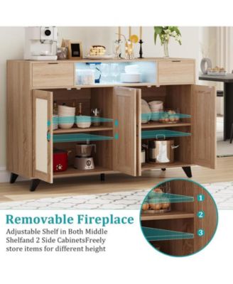 47" LED-lit rattan wood sideboard with 4 doors, 2 drawers, power outlet – accent buffet cabinet.