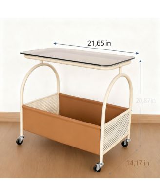 2-Tier Glass Top Rolling Side shelf with Storage Basket Mobile End Table on Wheels