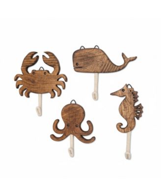 Sea Life Wooden Wall Hooks Set of 4 Handmade Animal Decorative Hooks for Nursery Beach Room