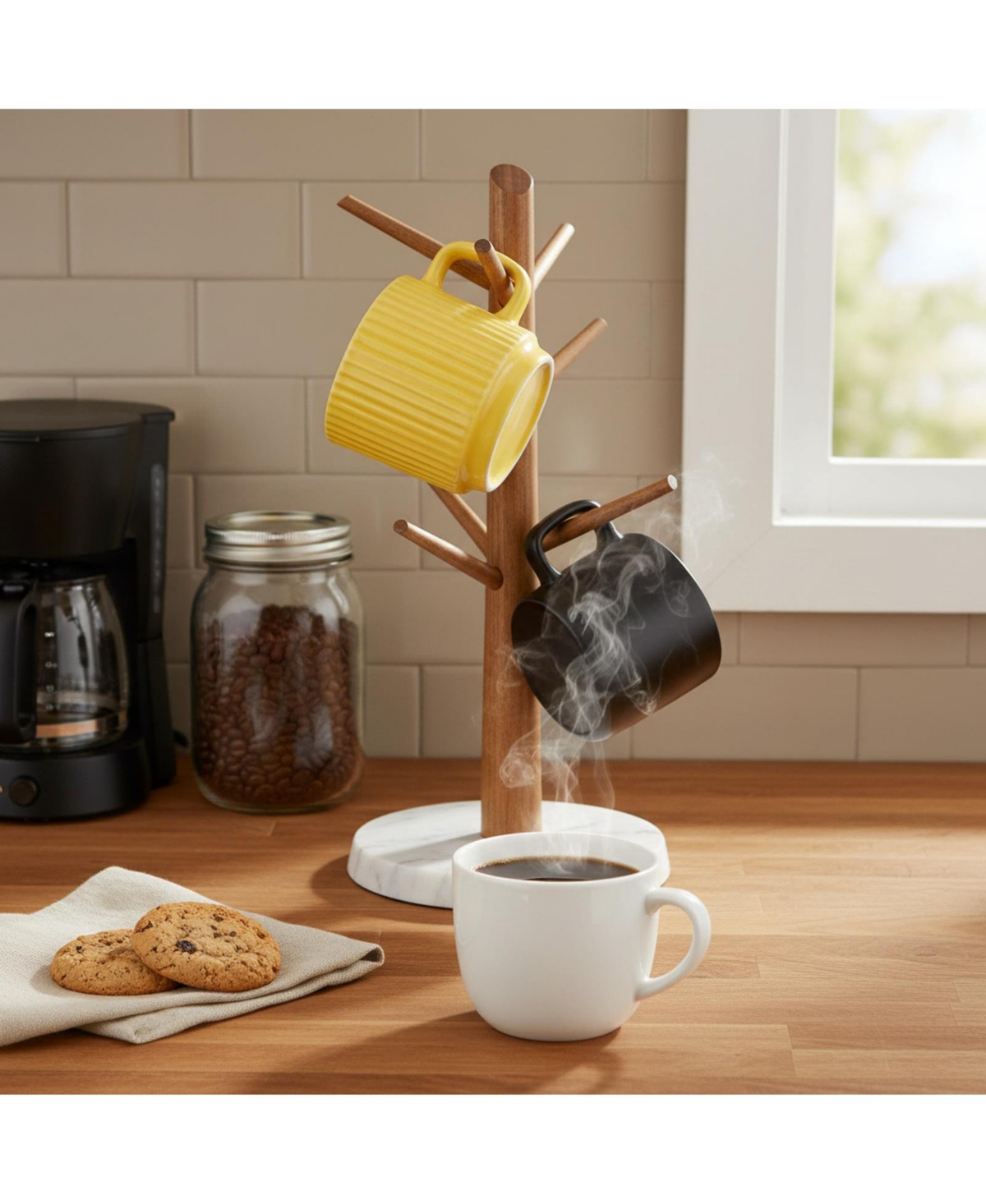 Yigii Premium Wood Mug Tree Marble Base 6 Hooks Counter Organizer