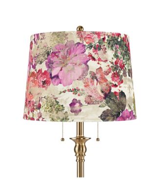 Dyna Traditional Tall 2-Light Standing Floor Lamp Pole Pull Chain Antique Brass Finish Floral Velvet Shade