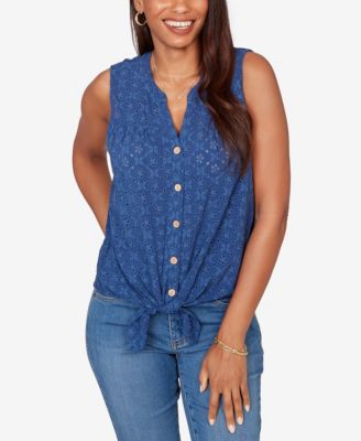 Petite Tie-Front Eyelet Sleeveless Top