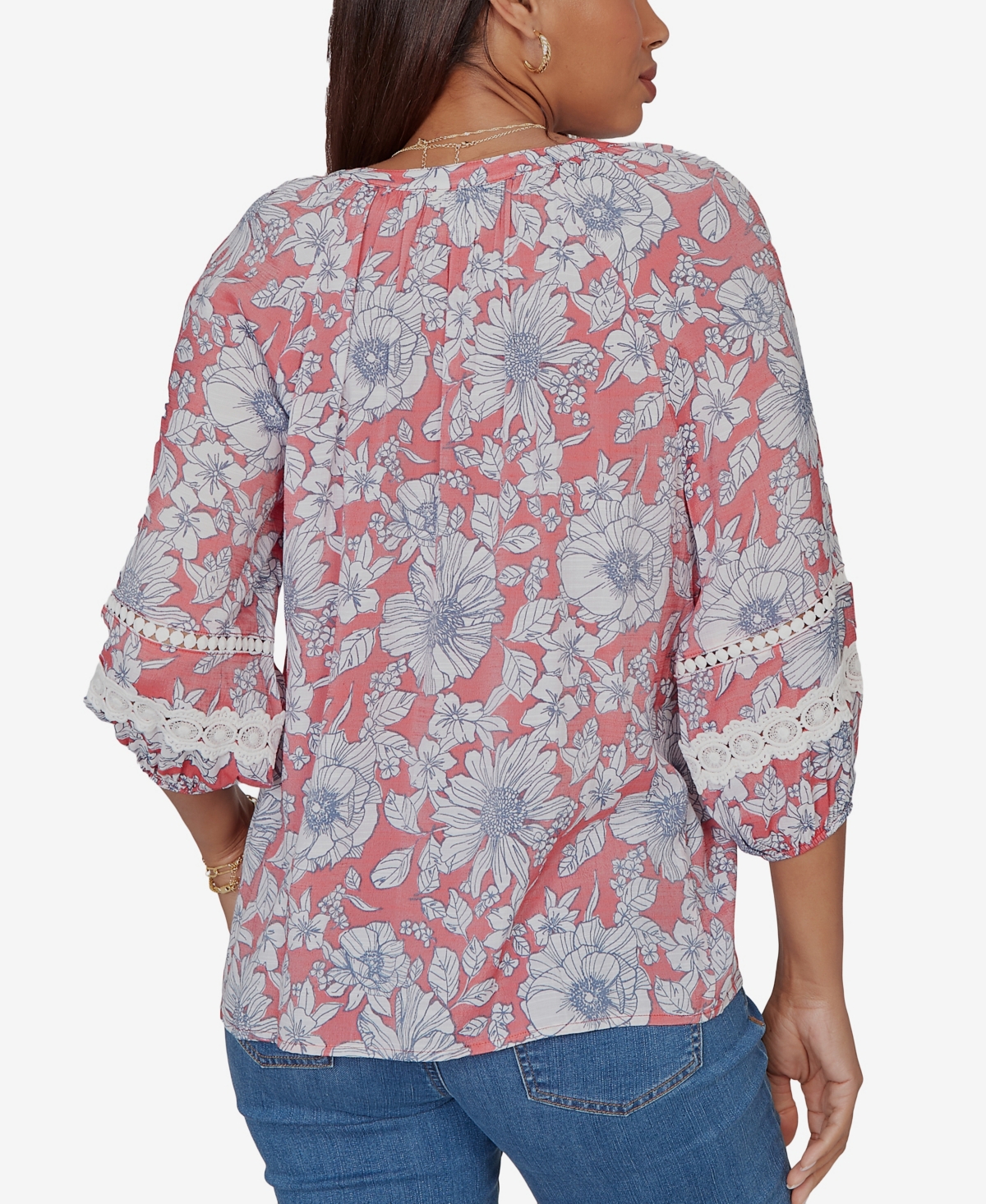 Ruby Rd. Petite Floral Silky Gauze Peasant Button-Front Top