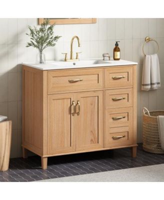 Modern Wood Grain Bathroom Vanity, Ceramic Sink, Solid Rubberwood Legs, Soft-Close Doors and 4 Drawers