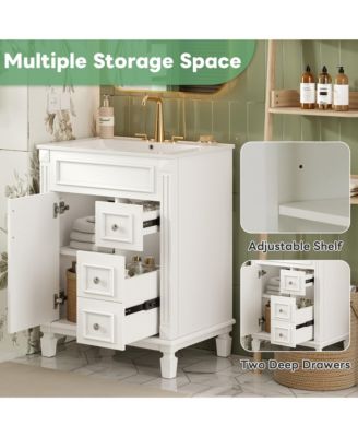 24" Bathroom Vanity with Ceramic Sink, Small Cabinet with 2 Drawers and Adjustable Shelf, Modern Design
