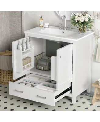 30" White Bathroom Vanity with Single Sink, Soft-Close Undermount Sink, 2-Door Cabinet with Drawer, Solid Wood Frame