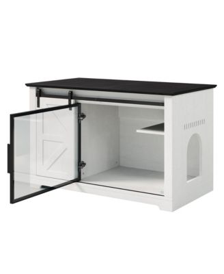  46 in. Farmhouse Cat Litter Box Enclosure with Sliding Barn Door Hidden Cat Cabinet with LED Light Storage