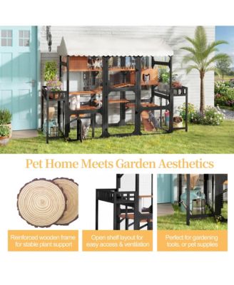 Large Wooden Outdoor Cat Enclosure with Plant Stands Multi Level Playpen Weather Resistant Roof Climbing Ramp