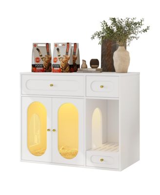 Cat Litter Box Enclosure with LED Light, Storage Drawers and Acrylic Doors