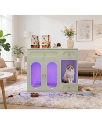 Cat Litter Box Enclosure with LED Light, Storage Drawers and Acrylic Doors