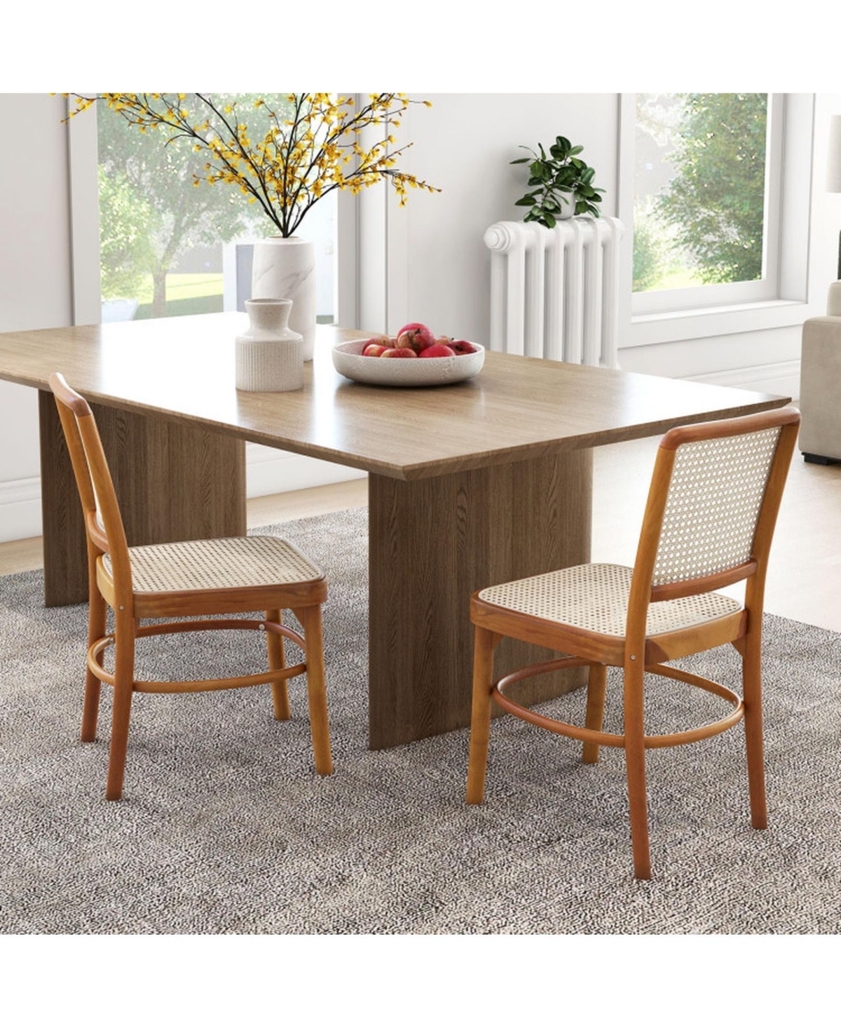 Gouun Set of 2 Boho Rattan Dining Chairs with Teak Wood Frame and Footrests