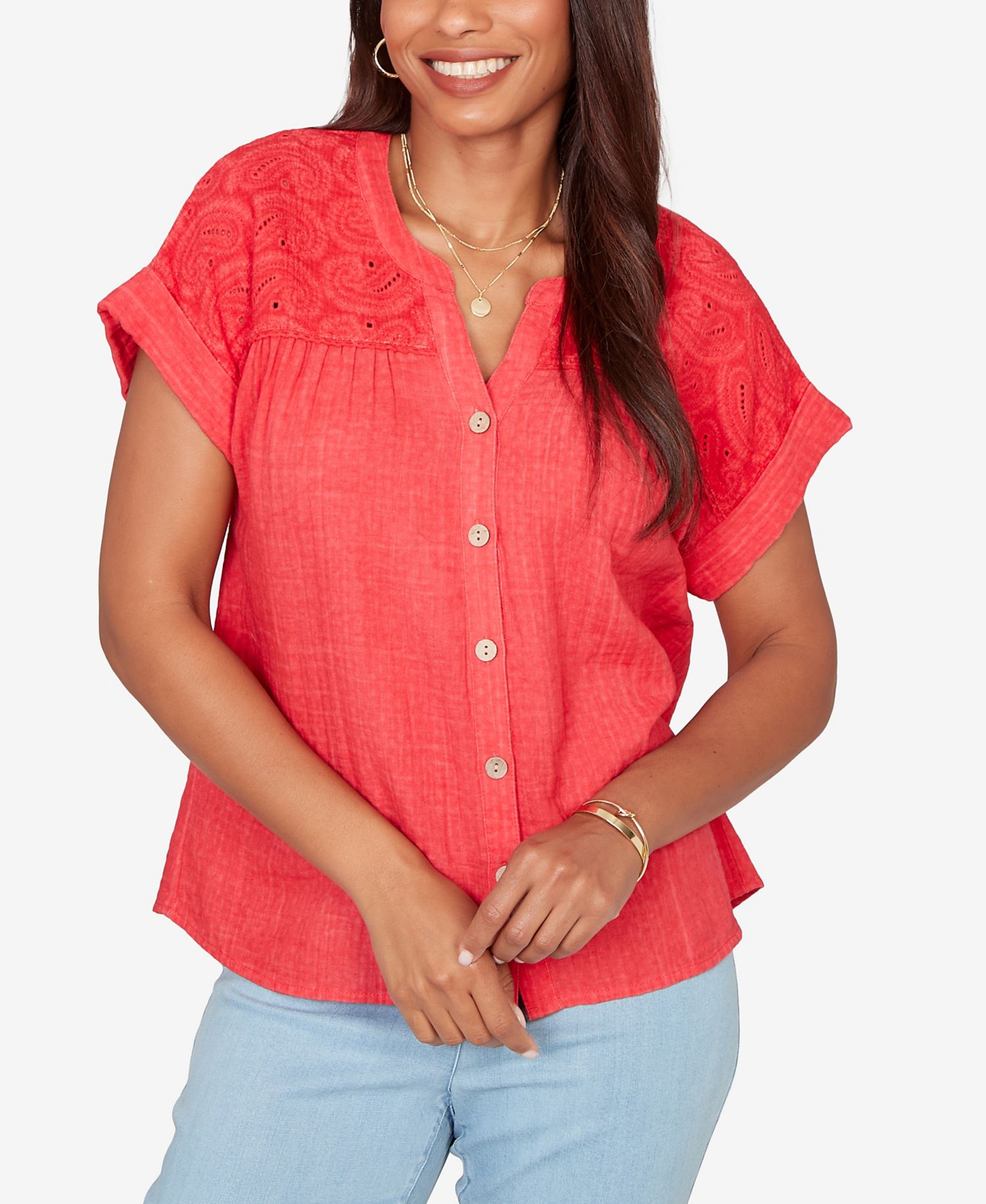 Petite Paisley Embroidered Gauze-Button T-Shirt