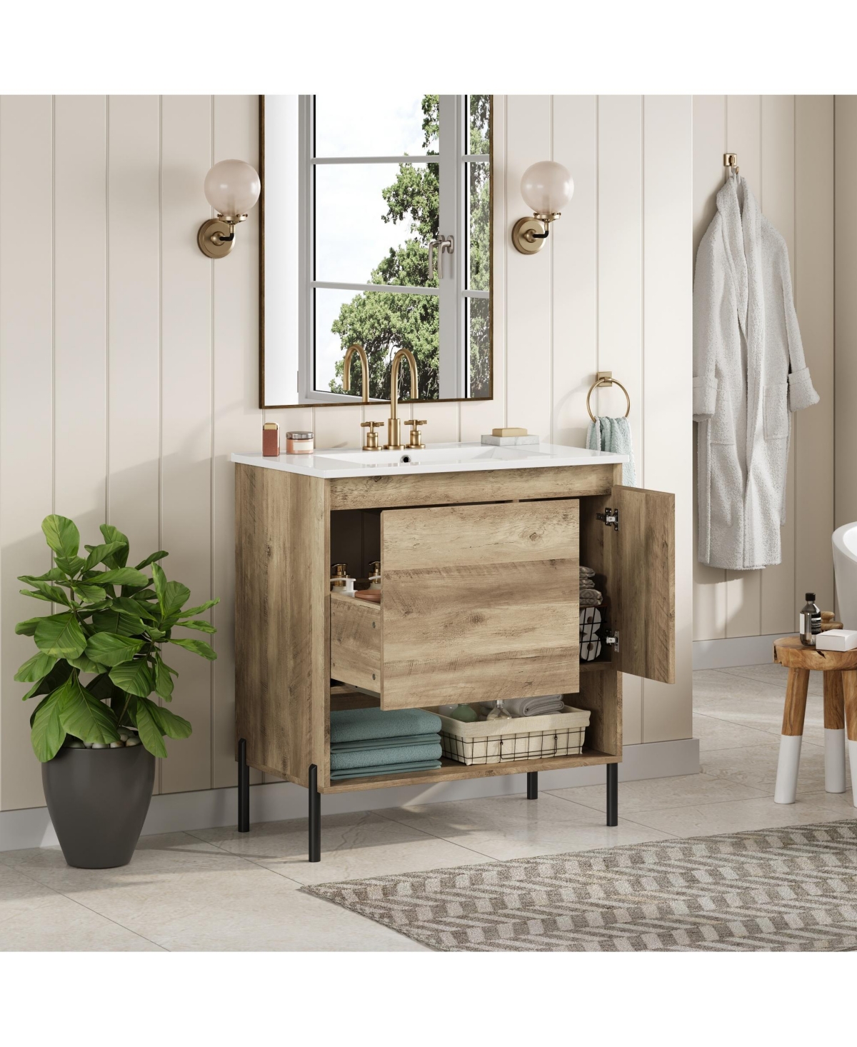 Busdays Modern Bathroom Vanity with Ceramic Sink, Storage Cabinet with Sliding Drawer and Open Shelf