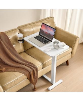 Adjustable Overbed Table with Hidden Wheels, 25.4-40.47 in Height Hydraulic Bedside Desk with Cup Holder