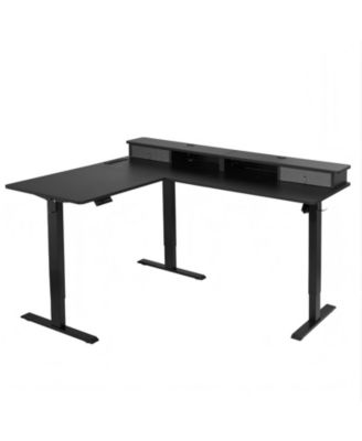 L Shaped Electric Standing Desk 63 x 55 in, Adjustable Height Corner Desk with LED Light Strip and Power Strip