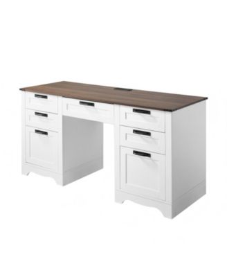 60 in Farmhouse Executive Desk with Charging Station, Office Table with Storage Drawers and Keyboard Tray, Walnut