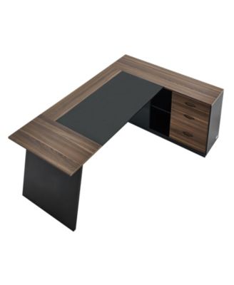 L-Shaped Executive Desk with File Drawer and Storage Cabinet, Large Modern Office Table, 350 lbs Capacity