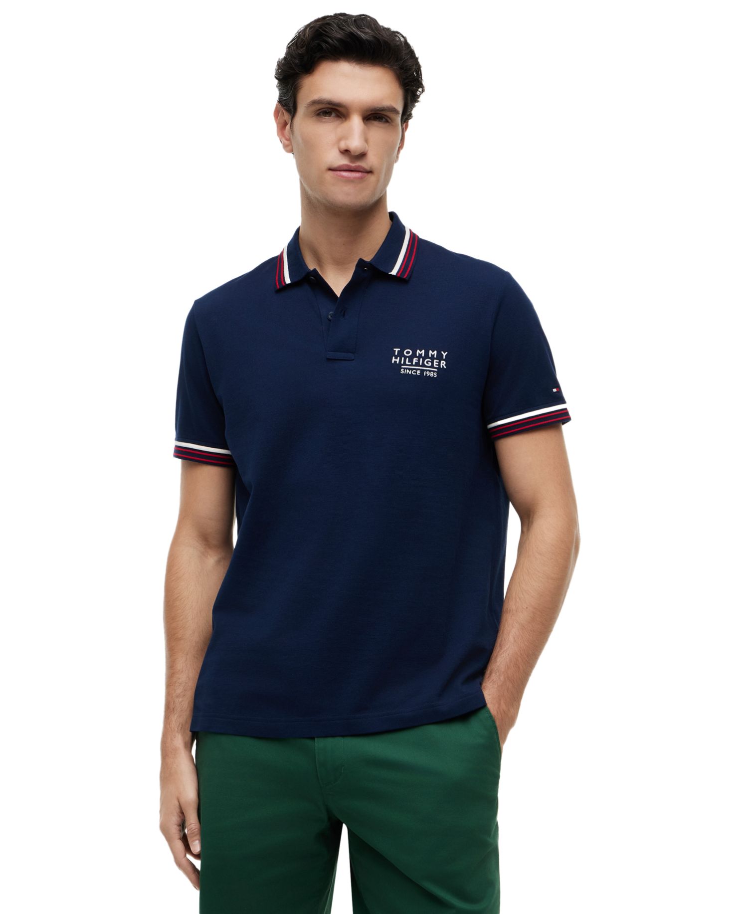 Men's Regular-Fit Red, White, and Blue Collar & Cuff Stripe Polo Shirt