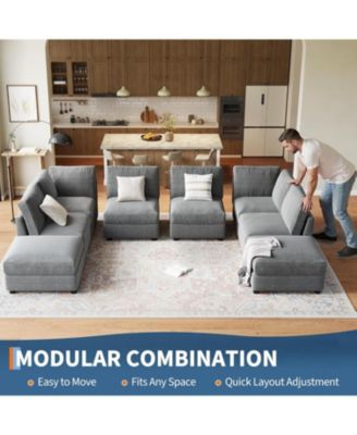 Modular Sectional Sofa L-Shaped Couch with Movable Ottoman- Convertible Chenille Sofa