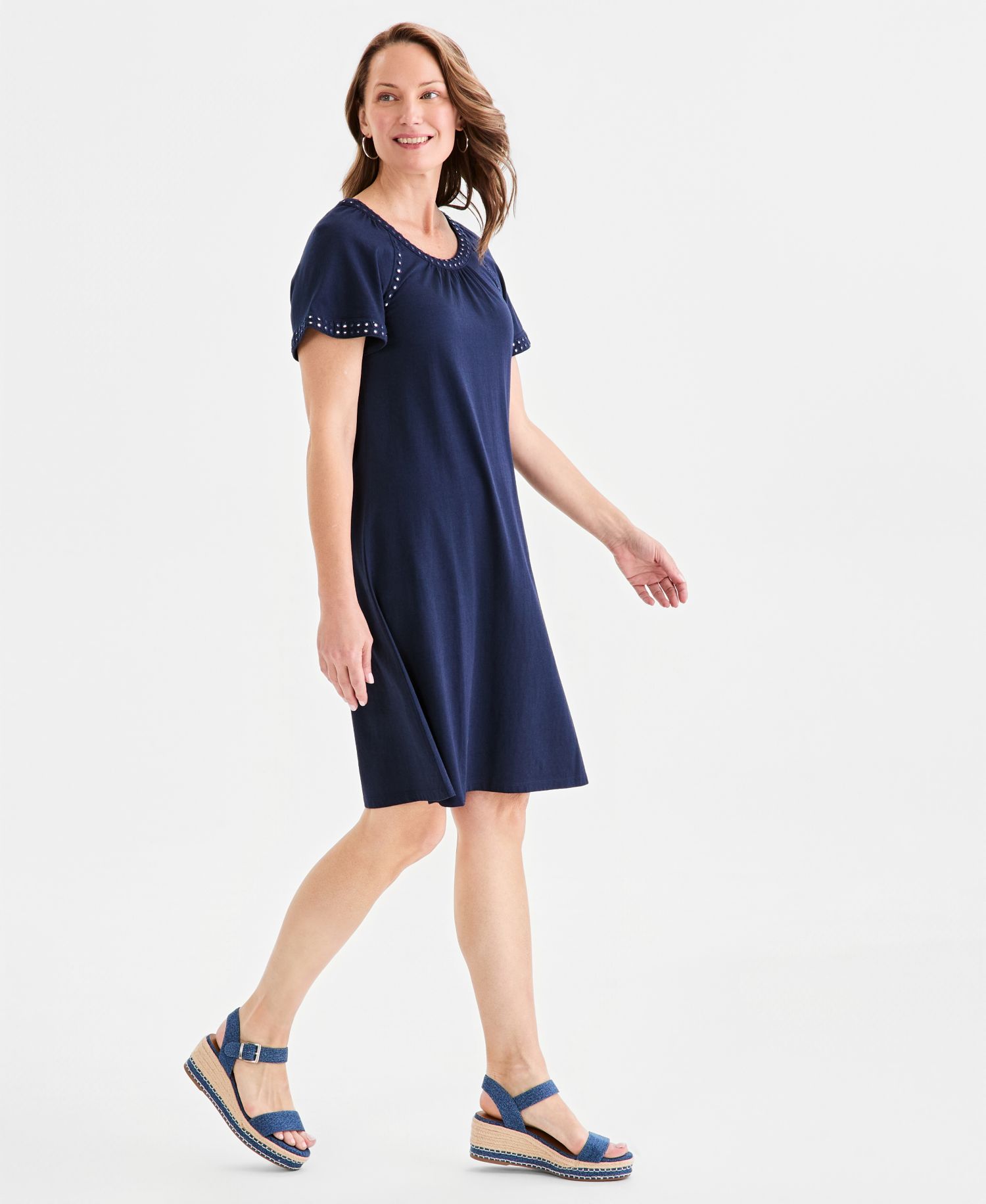 Petite Mirror-Trim Raglan-Sleeve Swing Dress