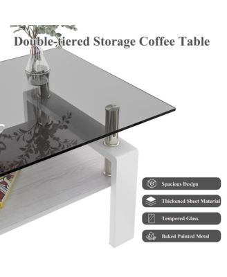 Modern 2-Tier Coffee Table, Rectangle Center Table with Tempered Glass Top, MDF Shelf and Metal Legs for Living Room and Home Office