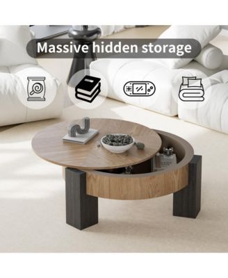 31.5'' Round Coffee Table with Hidden Storage - Wood Parquet Veneer Top Table and 3 Block Legs, Center Accent Table for Living Room