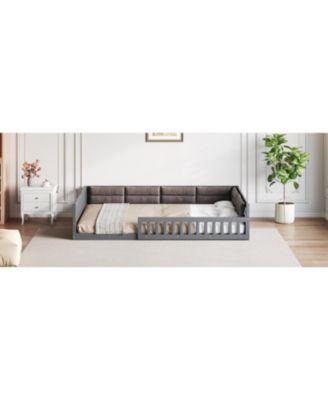 Full Size Wood Upholstered Platform Bed Guardrail Fluffy Pillows Pine Wood MDF