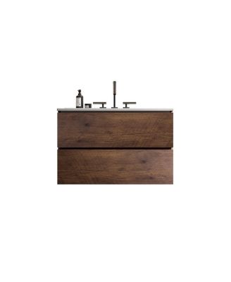 30" Modern Walnut Wall Mount Vanity With Ceramic Sink, 3-Hole Top Handle-Free Soft-Close Drawers, Pre-Assembled