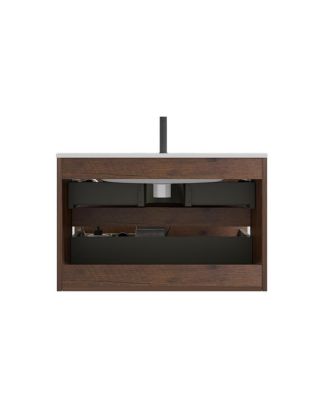 30" Modern Walnut Wall Mount Vanity With Ceramic Sink, Single-Hole Top U-Channel Storage, DTC Silent Close