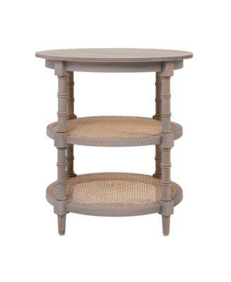 23" Wood Round End Table with 2-Woven Cane Shelves