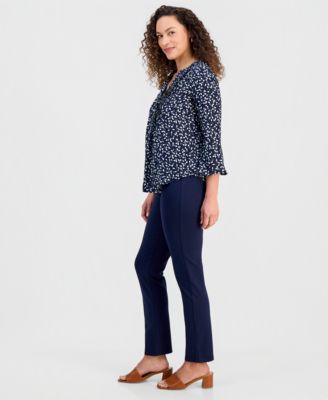 Petite Mid Rise Pull On Straight Leg Ponte Pants