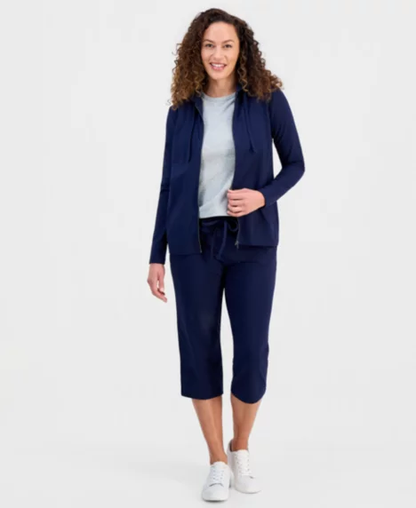 Petite Zip-Front Long-Sleeve Hoodie - Industrial Blue