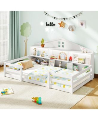 Montessori Floor Bed with Storage Compartments and Shelf