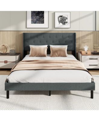 Upholstered Bed Frame with Button Tufted Wingback Headboard and Wooden Slats Support Mattress Foundation