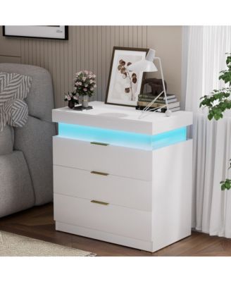 Modern Nightstand with Storage Space and LED Light Glass Top Jewelry Storage Bedside Table
