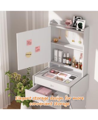 Modern Nightstand with Storage Space and LED Light Glass Top Jewelry Storage Bedside Table