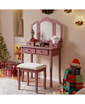 Modern Standard LED Vanity Table with Basic Mirror Classic and Cushioned Stool Makeup