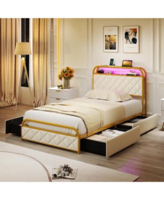 Twin Size Bed Frame with LED Lights and Charging Station