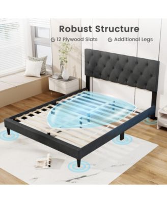Queen Size Upholstered Platform Bed with Tufted Headboard and Wooden Slats