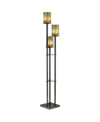 Style Floor Lamp with USB Charging Port 3-Light 72" Tall Amber Art Glass Shade for Living Room Reading
