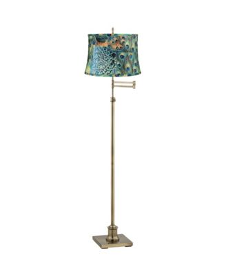 Swing Arm Floor Lamp Adjustable Height 70" Tall Antique Brass Peacock Print Drum Shade Living Room Reading Bedroom