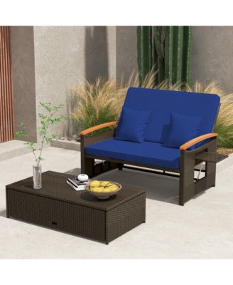 Outdoor Wicker Daybed Patio Loveseat and Storage Ottoman Set w/ Navy Cushions